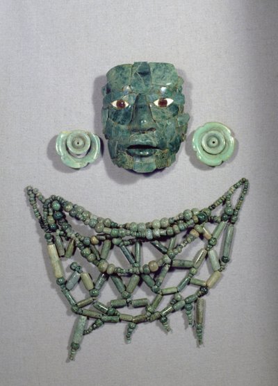 Calakmul Funerary Mask with Collar and Earrings, Yucatan Peninsula, Mexico Late Classic Period by Mayan